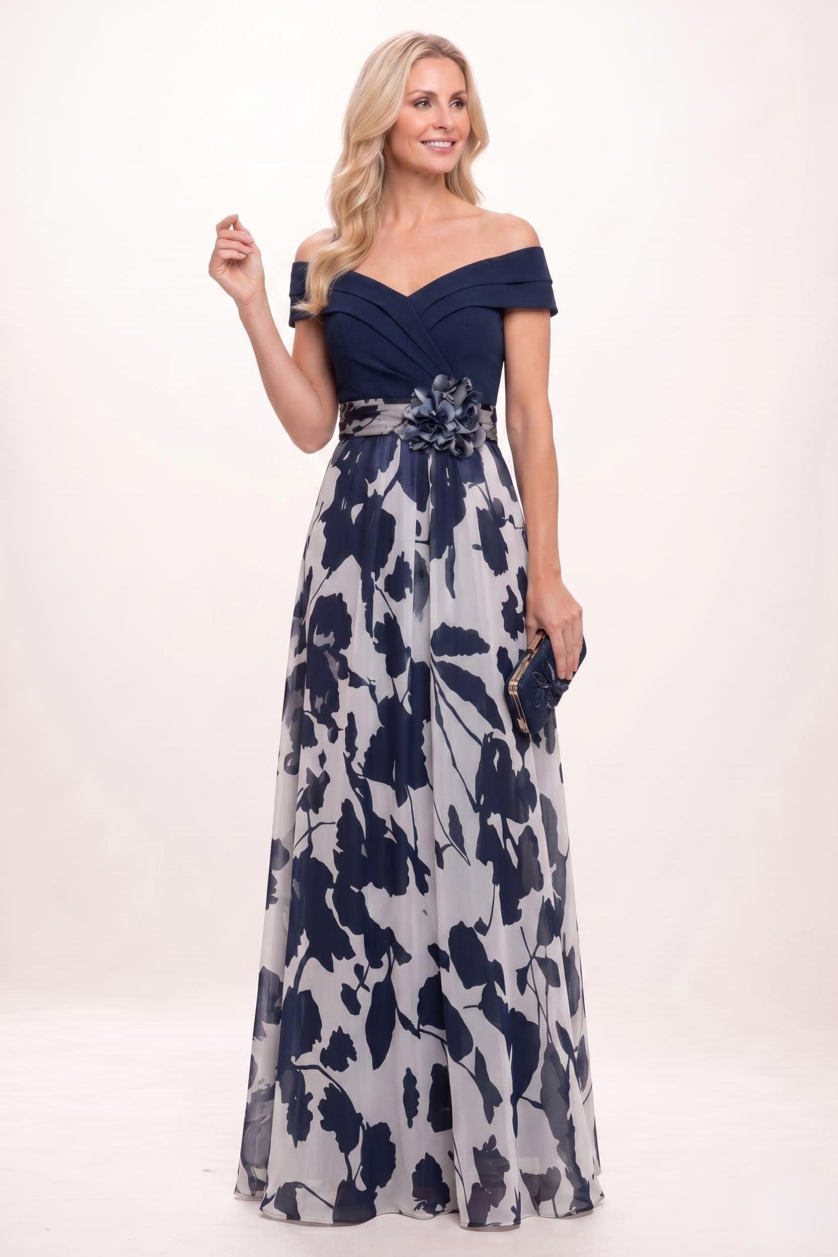 A-Line Maxi Stretch Satin Printed Chiffon Mother of the Bride Dress CM0440 - Dark Navy - COCOMELODY
